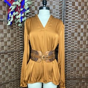 Silky Caramel Blouse Long Sleeve V Neck